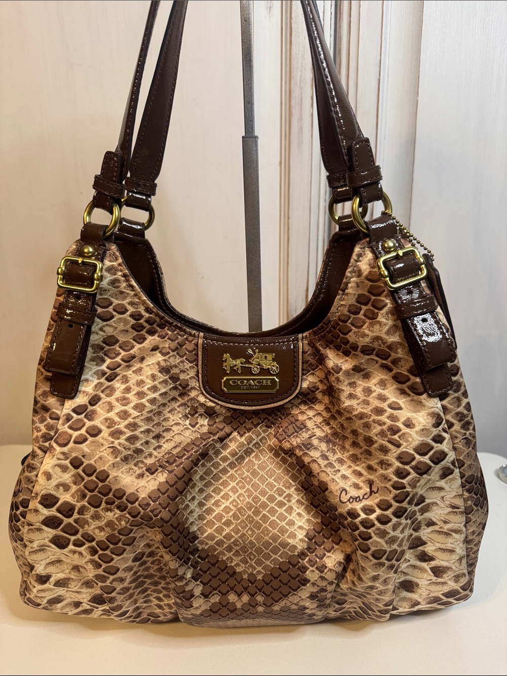 Vintage Coach Maggie Python Sateen Fabric Patent Leather Trim Shoulder Bag Hobo